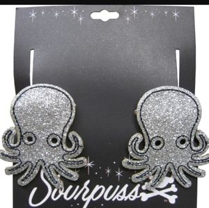 Sourpuss Silver Glitter Octopus Kraken 2pc Hair Alligator 1-7/8" x  2-1/4" Clips